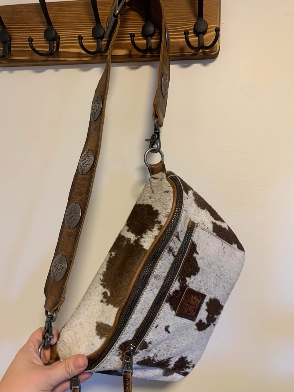 STS Ranchwear Brown and White Cowhide Belt Bag with Leather Strap